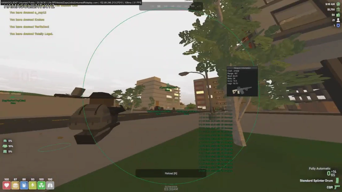 Unturned CQR weapon stats and ESP during a daytime fight