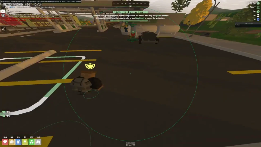 Unturned ESP overlays near a parking lot and road at night